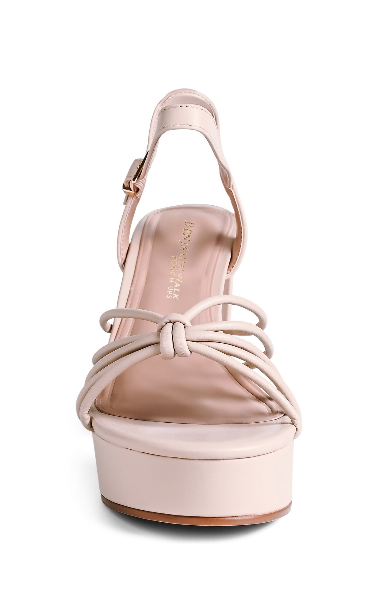 Front view of Tiara Nude Prom Shoes: Touch Ups 4761—light pink faux-leather platform heels with a knotted strap, open toe, and ankle strap with small buckle; ideal block heel choice for prom.